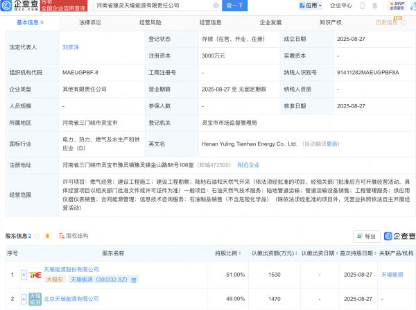 康乾配资 天壕能源等成立新公司，含石油天然气相关业务
